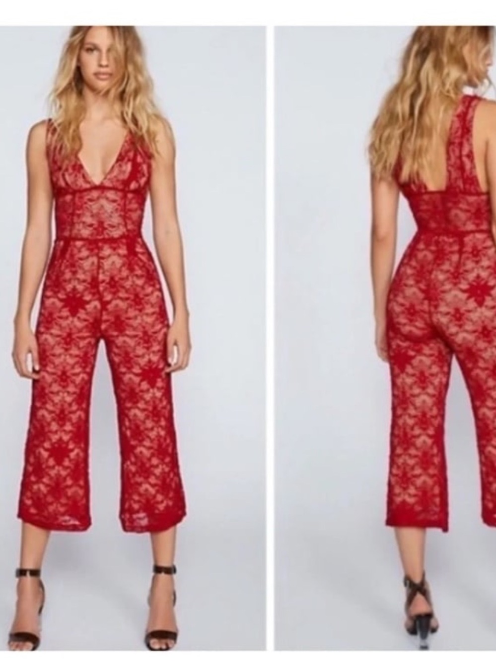 Free People Red Lace Sleeveless Cropped Jumpsuit